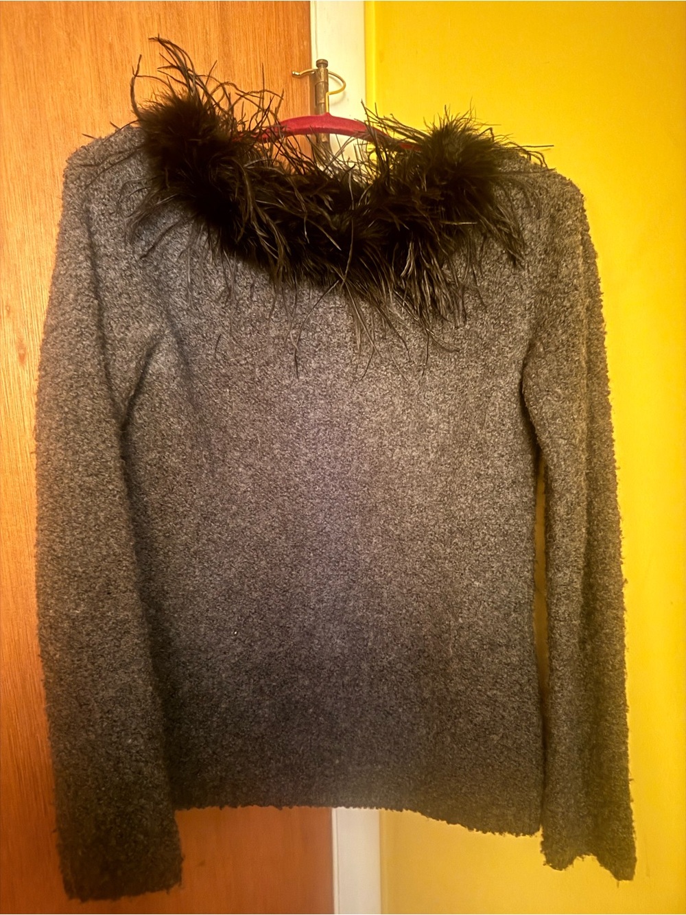 Cozy Gray Turtleneck Sweater with Feather Trim